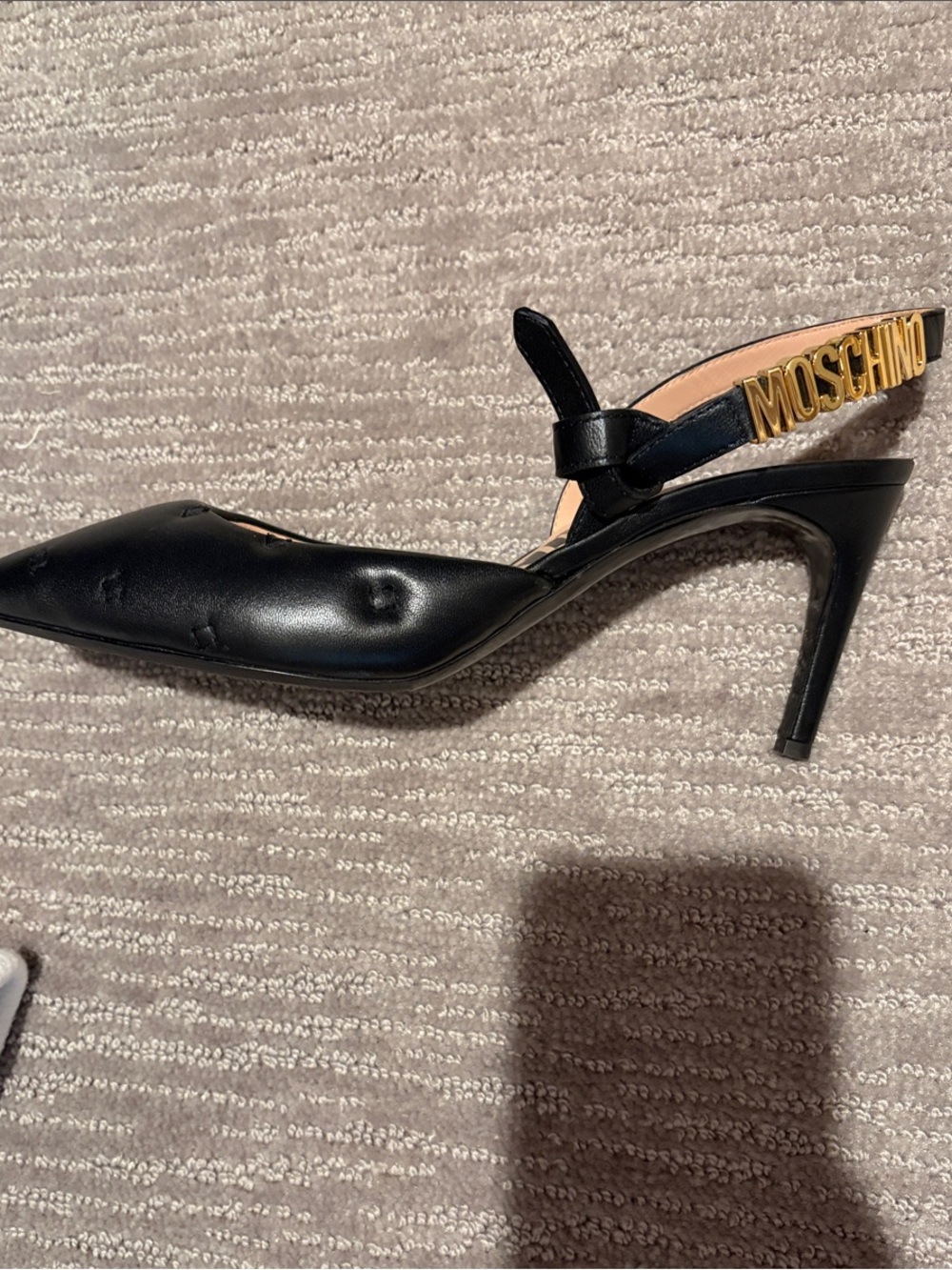 Moschino Black Pointed Slingback Heels with Gold Chain